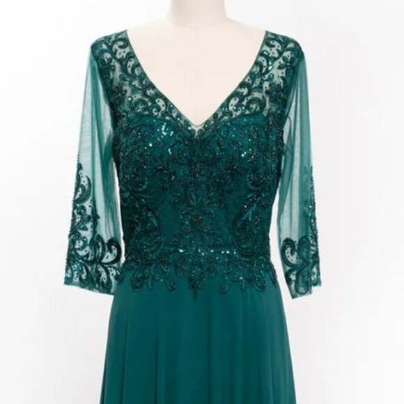 New A-Line Formal Long MOB Gown w/ 3/4 Sleeves & Rhinestones Embroidery TC M2722 - Picture 4 of 8